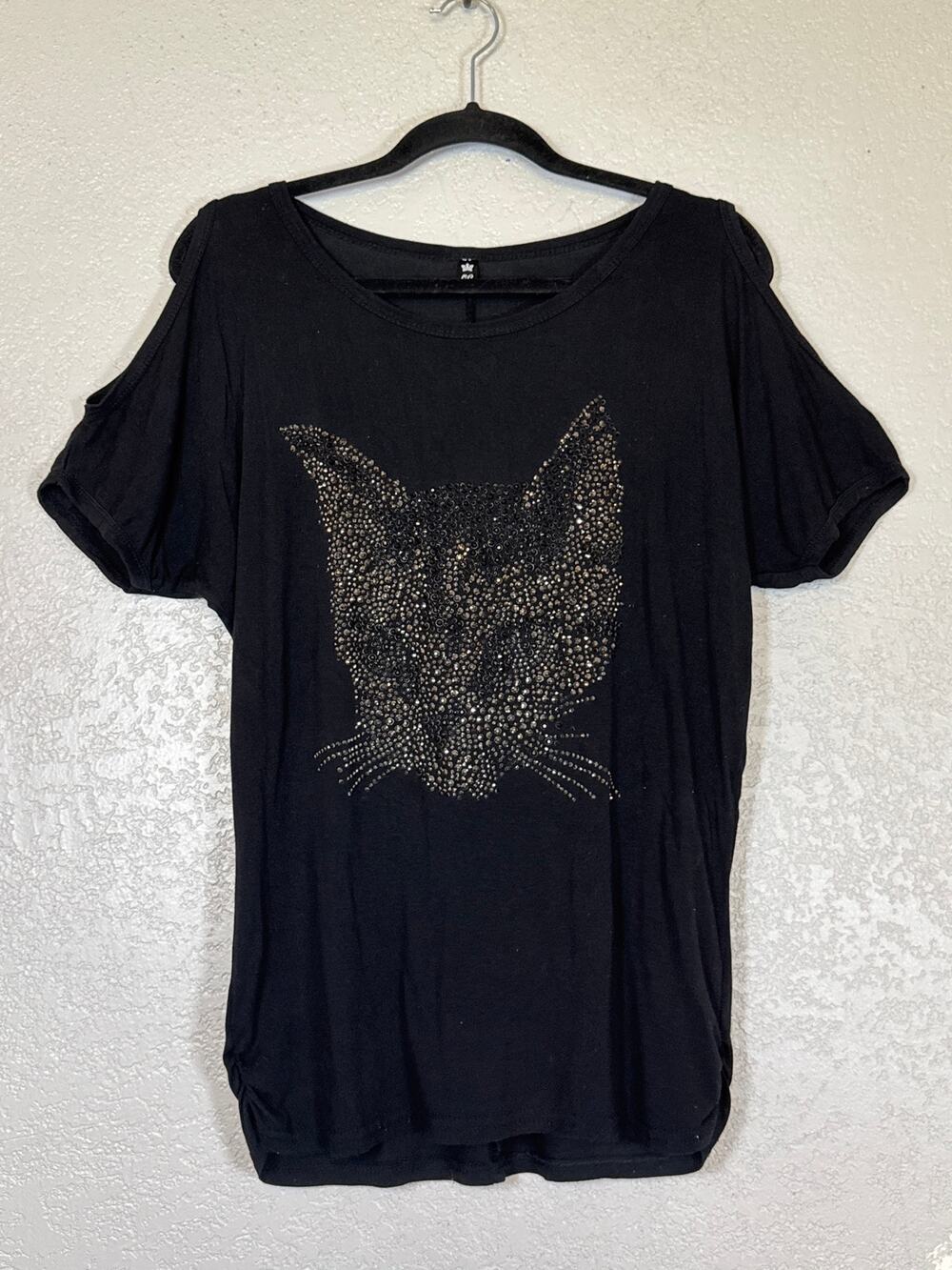 Rhinestone Cat Face Black Tee Women Large Short Sleeve Silver Embellished Cotton